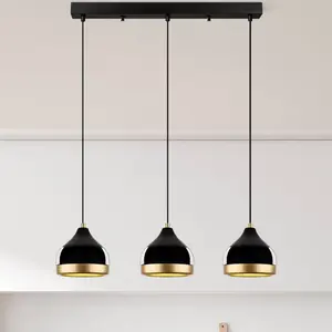 Opviq Suspension Yildo, linéaire, à 3 lampes, noir/doré, métal pas cher
