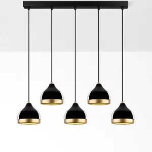 Opviq Suspension Yildo, noir/or, à 5 lampes. Longueur 111 cm pas cher