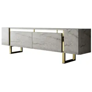 MENZZO Meuble Tv design 2 portes basculantes Merany L180cm Bois Effet travertin beige et Métal Or pas cher