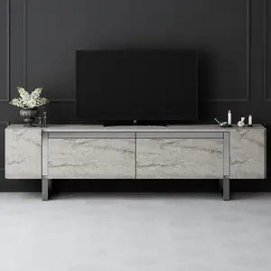 MENZZO Meuble Tv design 2 portes basculantes Merany L180cm Bois Effet travertin beige et Métal Argent pas cher