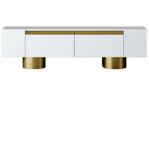 MENZZO Meuble Tv design 2 portes basculantes Merna L180cm Bois Blanc et Métal Or pas cher
