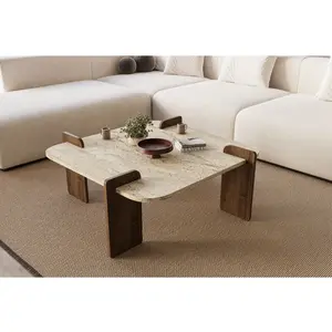 Homitis - Table basse Afrolli travertin/noyer - 90x35x90 cm OS pas cher