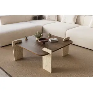 Homitis - Table basse Afrolli noyer/travertin - 90x35x90 cm OS pas cher