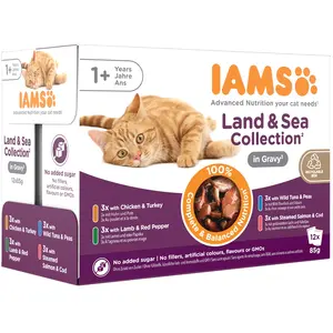 Comparateur de prix : 42x85g lot mixte Terre & Mer en sauce Adult Delights IAMS pour chat + ...
