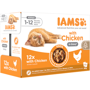Comparateur de prix : 12x85g IAMS Delights Kitten poulet en sauce - Pâtée pour chat