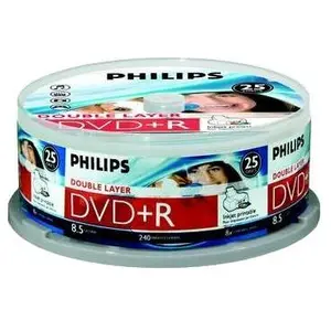 Comparateur de prix : Philips DVD+R DoubleLayer imprimables High-Speed (8,5 Go / 240 Minutes de vidéo, Vitesse 1-8x, Cake Box 25 pièces, Imprimable pour Inkjet)