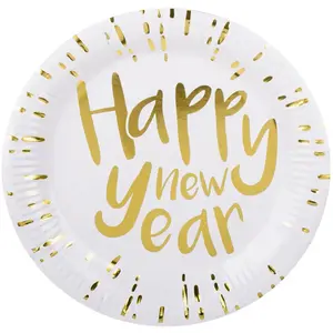 Comparateur de prix : 10 ASSIETTES CARTON HAPPY NEW YEAR Ø23CM BLANC OR