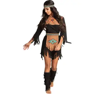 Boland - Costume adulte femme indienne, marron et noir avec des motifs colorés, ensemble de costume composé de : Bandeau, robe, ceinture, menottes, idéal pour carnaval ou soirée déguisée. pas cher