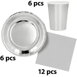 Comparateur de prix : Set de table argent - 6 assietes, 6 gobelets, 12 serviettes