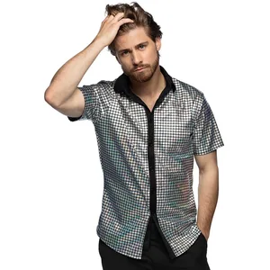 Boland - Chemise Disco, Argent, Chemise Disco Diamant, chemise homme manches courtes, chemise pour homme, top, chemise de soirée pour carnaval ou soirée déguisée pas cher