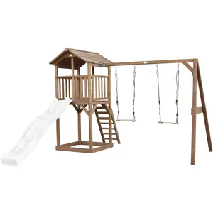 Comparateur de prix : Aire de jeux en bois marron avec 2 balançoires et toboggan gris Axi