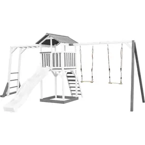 Comparateur de prix : AXI Tour de jeux avec toboggan blanc, balançoire double, bois, blanc/gris