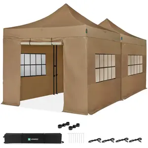 Tente de réception - 6 x 3 m - Tente de réception Premium Easy-Up | Ensemble comprenant 2 tentes, des parois latérales et un kit de raccordement - Beige