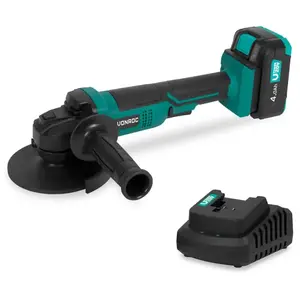 VONROC Meuleuse d'angle sans fil Ø125mm   VPower 20V  Avec batterie 4.0Ah et chargeur rapide - Avec poignée latérale et sac à outil