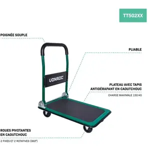 VONROC Chariot plateforme pliant - chariot de transport   Capacité de charge de 150kg max. - Plateau de 47x73 cm