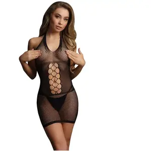 Robe Mini DES050 Peek-A-Boo Résille Noire pas cher
