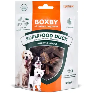 Comparateur de prix : 120g Friandises Boxby Superfood, Canard, petits pois et cranberries - pour chien