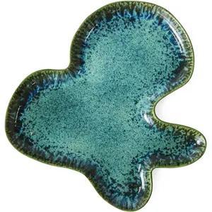 Assiette organique en grès bleu 39,5x38cm Shell Teal - HKLIVING pas cher