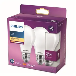 Comparateur de prix : Philips by Signify LED Classic 40W Standard E27 Blanc Chaud Dépolie Non Dimmable Lot de 2