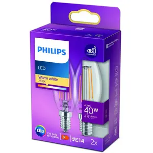Comparateur de prix : Philips ampoule LED Flamme E14 40W Blanc Chaud Claire, Verre, Lot de 2
