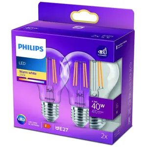 Comparateur de prix : 2 ampoules LED à filament E27 470lm 40W IP20 blanc chaud Philips