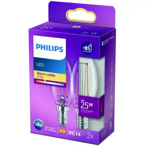 Comparateur de prix : Philips ampoule LED Flamme E14 25W Blanc Chaud Dépolie, Verre, Lot de 2