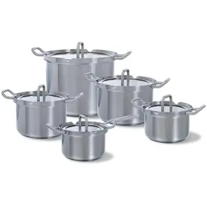 BK Q-Linair Master Glass Batterie de Cuisine 5 pièces à Induction en Acier Inox avec Couvercle en Verre, Sans PFAS, Manche Froide, Va au Four et au Grilloir jusqu'à 230 C, Va au Lave-Vaisselle, Argent