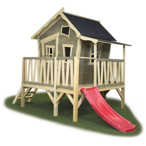 EXIT Maison cabane de jardin enfant toboggan Crooky 350 bois gris beige pas cher