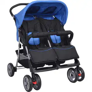 vidaXL Poussette à deux places Acier Bleu et noir