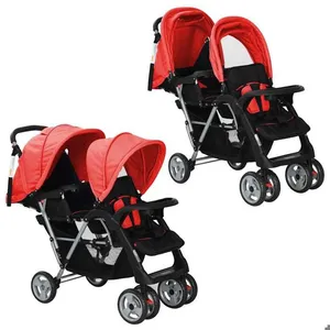 vidaXL Poussette à deux places acier rouge et noir