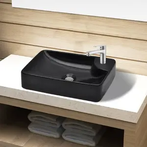 vidaXL Vasque à trou pour robinet céramique Noir pour salle de bain pas cher