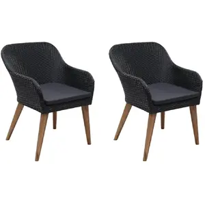 vidaXL Chaises d'extérieur 2 pcs avec coussins Résine tressée Noir pas cher