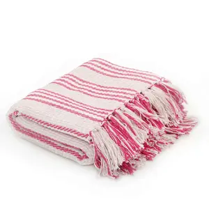 vidaXL Couverture coton à rayures 160x210 cm Rose et Blanc pas cher