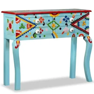 vidaXL Table console Bois de manguier massif Bleu peint à la main pas cher