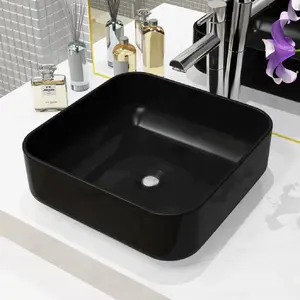 vidaXL Lavabo carré Céramique Noir 38 x 38 x 13,5 cm pas cher