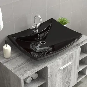 Comparateur de prix : VIDAXL Lavabo rectangulaire en céramique noir de luxe avec trop plein et trou
