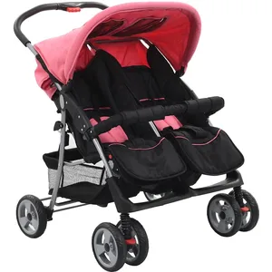 vidaXL Poussette à deux places Rose et noir Acier