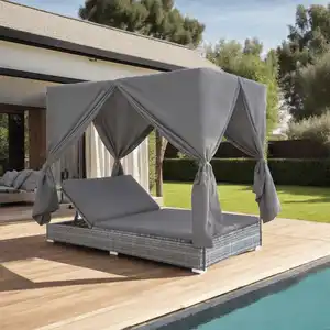 Comparateur de prix : vidaXL Chaise longue d'extérieur avec rideaux Résine tressée Gris