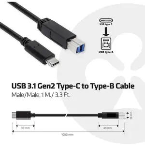 Comparateur de prix : CLUB3D USB 3.1 Gen2 Type-C to Type-B Cable Male/Male, 1 M./ 3.3 Ft.