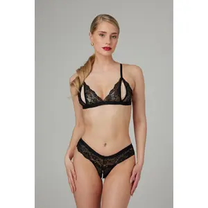 Christine Ensemble soutien-gorge en perles et dentelle Mea - Noir pas cher