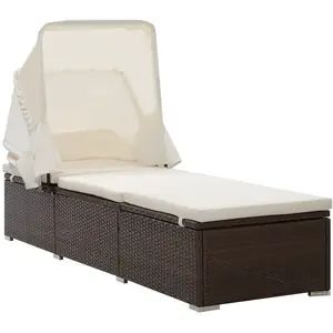 vidaXL Chaise longue avec auvent et coussin Résine tressée Marron pas cher