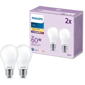 Philips, pack de 2 ampoules LED E27, 60W, blanc chaud non dimmable, verreVendu parluminaire