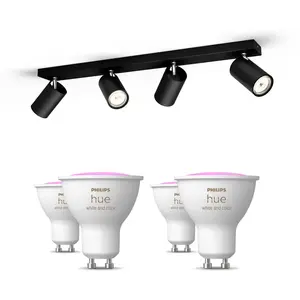 Philips Pack De 4 Spots Kosipo Noirs + Ampoules Gu10 À Couleur Variabl...