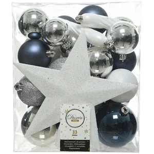 Comparateur de prix : Decoris Boite de 33 accessoires pour arbre de noel bleu, blanc et argente.