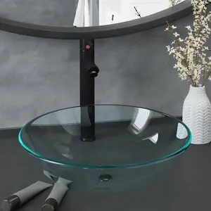 vidaXL Lavabo de bain avec robinet et drain à poussoir Verre trempé pas cher
