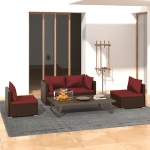 vidaXL Salon de jardin 4 pcs avec coussins Résine tressée Marron pas cher