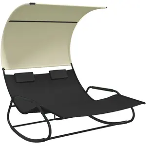 vidaXL Chaise longue double à bascule avec auvent Noir et crème pas cher