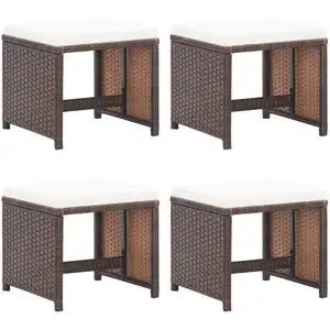 vidaXL Tabourets de jardin lot de 4 et coussins Résine tressée Marron pas cher