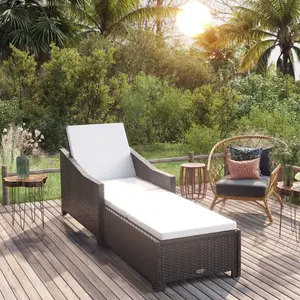 vidaXL Chaise longue avec coussin blanc crème Résine tressée Noir pas cher