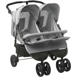 vidaXL Poussette à deux places Gris clair Acier pas cher
